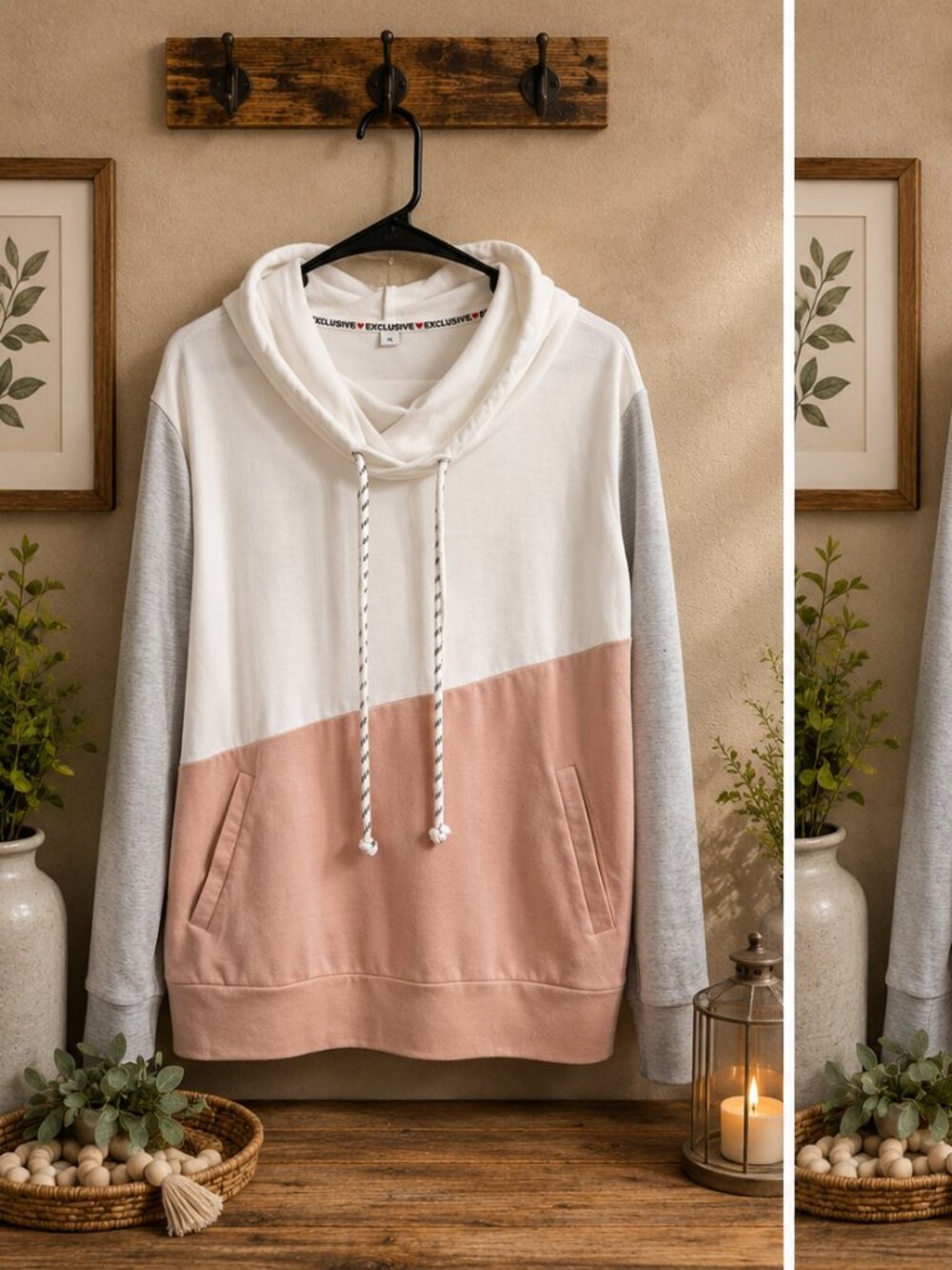 Exclusive Color Block Cowl Neck Hoodie Blush Gray White